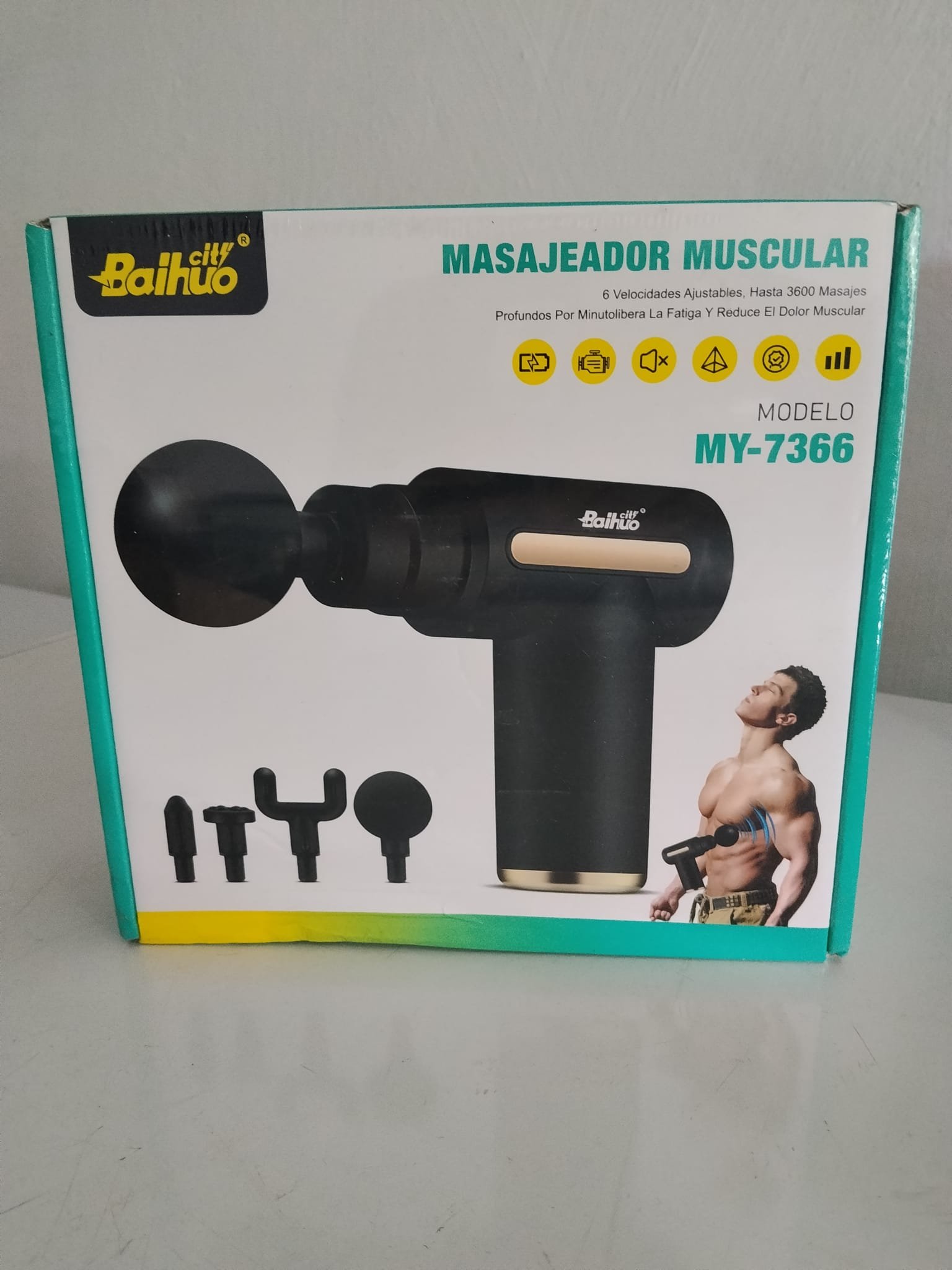 Pistol de Masaj Muscular Baihuo MY-7366, Verde – Aparat de Masaj cu 4 Capete, 6 Viteze, Reîncărcabi