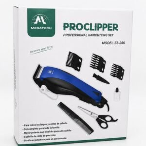 Mașină de Tuns Megatech ProClipper ZS-055 – Set Profesional pentru Tuns, cu 3 Piepteni, Foarfecă și Accesorii, 15 W, Albastru/Negru