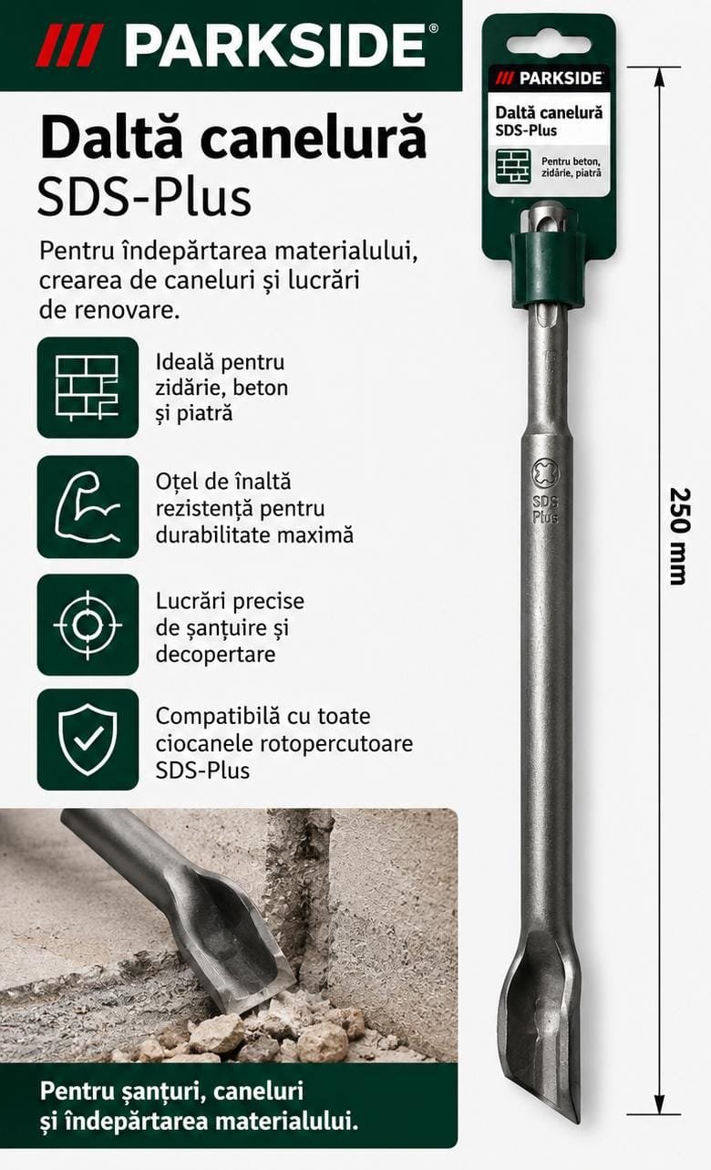 Daltă Parkside SDS Plus cu vârf 250 mm pentru ciocan perforator,Varf Ascutit