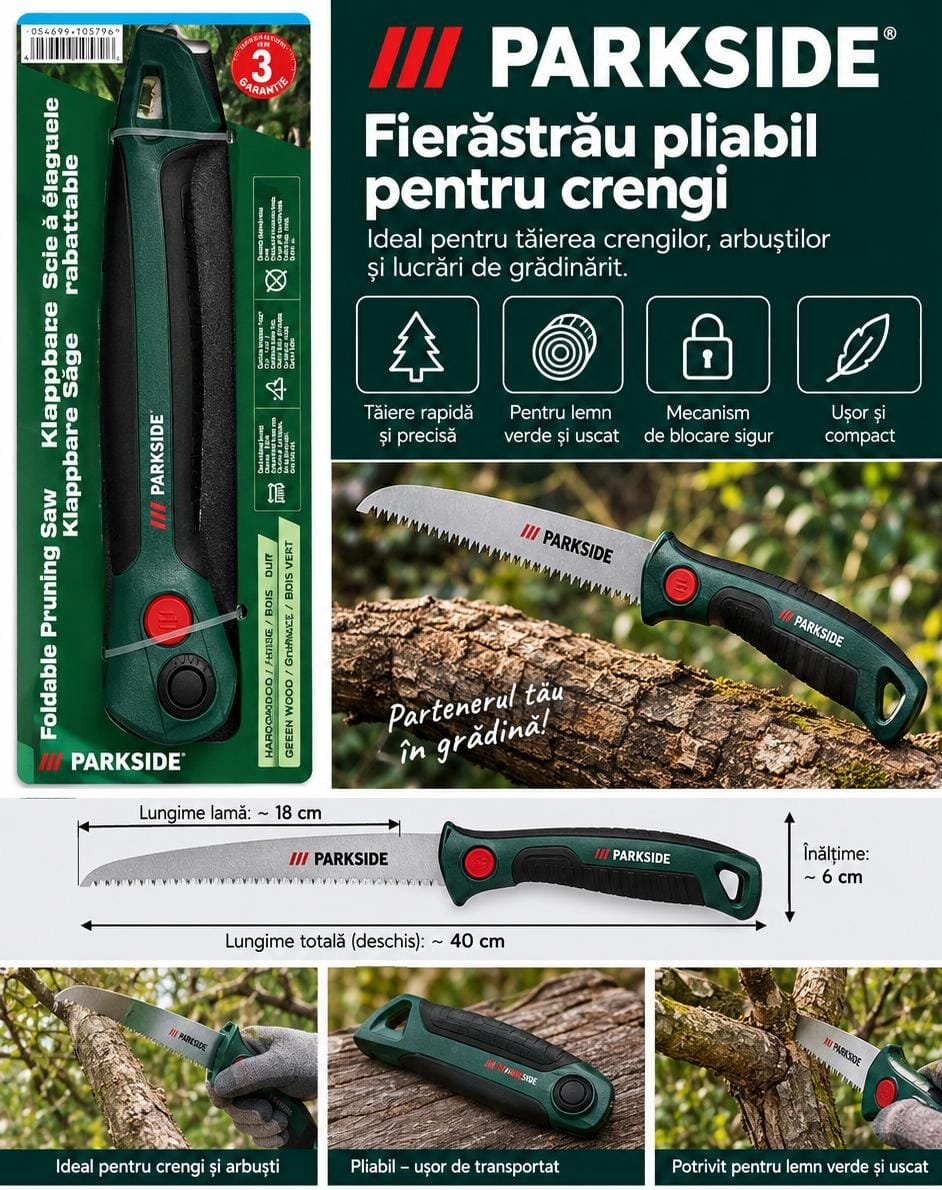 Fierăstrău manual de grădină Parkside pentru tăierea crengilor 18 cm, pliabil, în diferite unghiuri