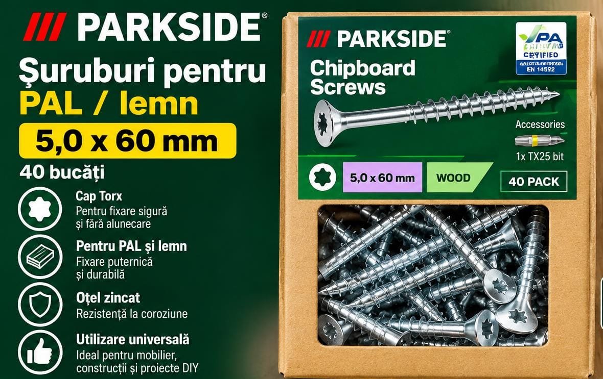 Set 40 Șuruburi pentru Lemn PARKSIDE 5.0× 60 mm – cu Bit TX25