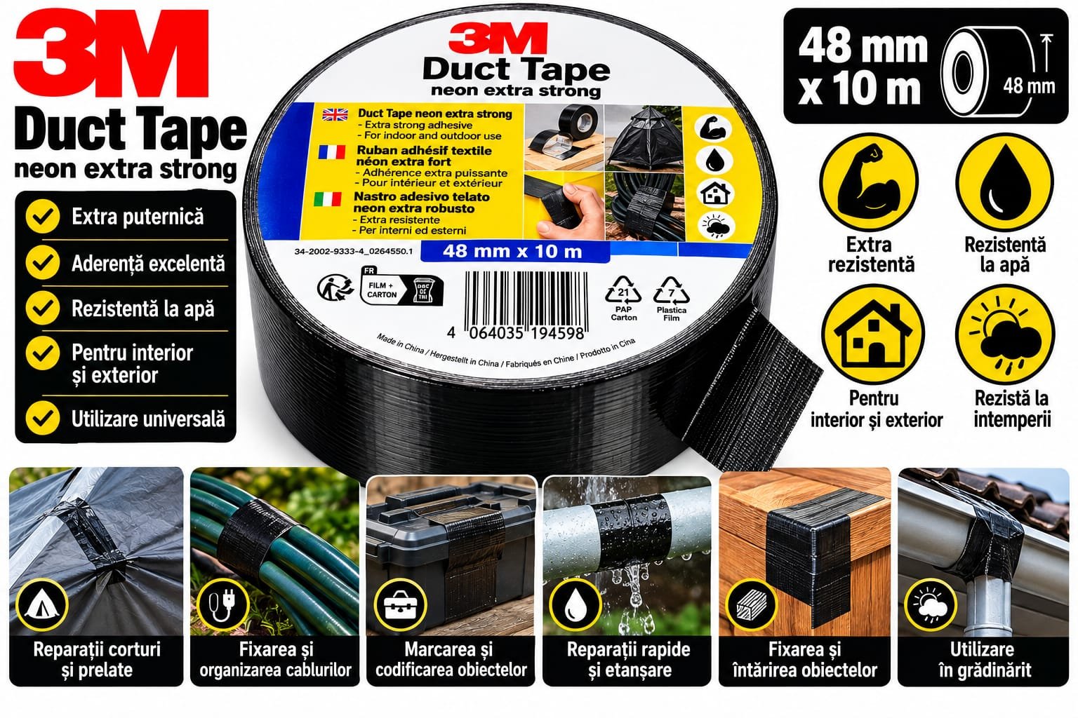 Bandă Adezivă Extra Rezistentă 3M Duct Tape 48 mm × 10 m – Negru
